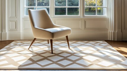 Wall Mural - Cozy armchair positioned elegantly on a patterned rug in a sunlit room with large windows