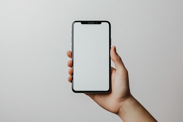 Flawless Image of Hand Holds Black Smartphone with Blank Screen Against White Background
