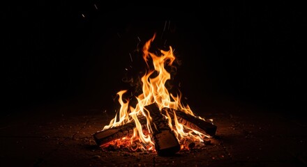 campfire with burning logs and flames on black background