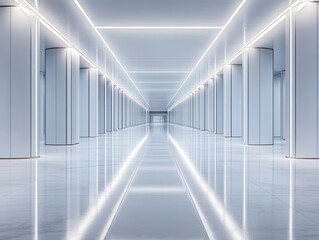 Poster - Modern architectural design featuring a long perspective of a minimalist corridor with white columns and reflective floor creating a sleek and futuristic ambiance