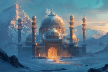 Poster - Majestic snow-covered mosque at sunset showcasing intricate architecture and serene beauty in a winter wonderland