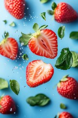 Poster - Captivating strawberry composition with vibrant red fruits and green leaves against a serene blue backdrop showcasing freshness and natural beauty