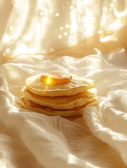 Aufkleber - Warm stack of pancakes with syrup glistening under soft sunlight in a cozy setting. Generative AI