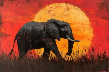 Aufkleber - Majestic elephant silhouetted against a vibrant sunset over a tranquil water body in a beautiful natural landscape