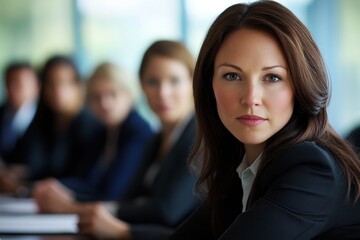Aufkleber - Young woman in a business meeting looking thoughtfully at the camera while others engage in discussion in a modern conference room