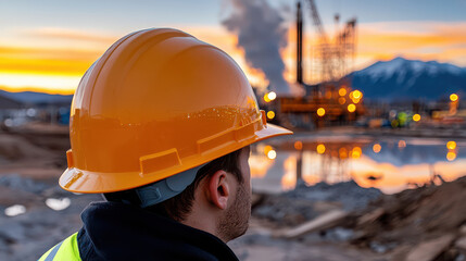 Poster - construction worker wearing hard hat observes large scale industrial construction site at sunset, with mountains in background and reflections in water puddle
