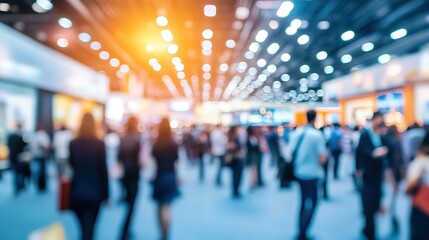 Poster - an expo hall bustling with activity and attendees, business conference, blurred background, with cop