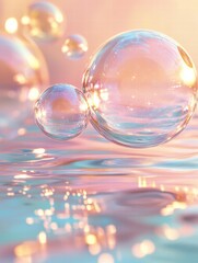 Fototapete - Colorful soap bubbles floating on calm water in a serene setting during daylight. Generative AI