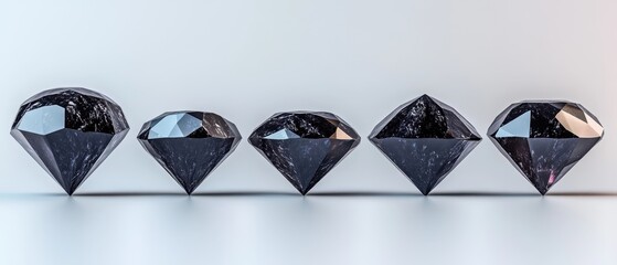 Poster - Row of Five Sparkling Black Diamonds on a Reflective Surface Displaying Facets and Light Play in a Studio Setting with a Clean Background