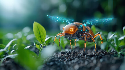 Poster - futuristic robotic insect with glowing wings is exploring lush green garden, showcasing advanced technology in nature