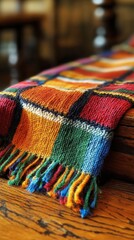 Poster - Vibrant handmade knitted scarf with colorful squares and fringe resting on a rustic wooden table surface