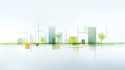 Aufkleber - minimalist watercolor painting depicts cityscape with geometric buildings and green trees, blending nature and urban elements