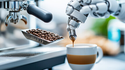 Poster - robotic arm expertly brews coffee, showcasing advanced AI technology in modern coffee lab. scene highlights precision and innovation of robotic baristas in crafting beverages