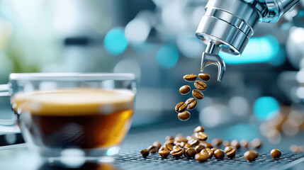 Poster - robotic arm in futuristic coffee lab dispenses coffee beans into cup, showcasing advanced technology in beverage preparation