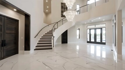 Poster - A grand double-height foyer with a floating spiral staircase, crystal pendant lights, and a striking blend of marble and wood textures.