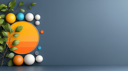 Poster - vibrant 3D infographic with gradient colors features geometric shapes and green leaves on blue background, creating modern and dynamic design