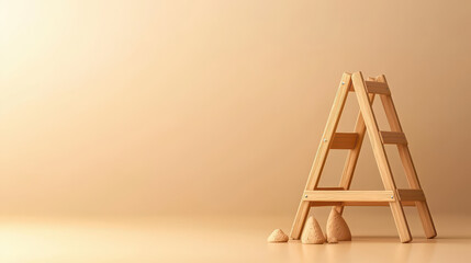 Fototapete - minimalistic wooden ladder stands on light beige background, surrounded by small piles of sand, creating serene and artistic composition