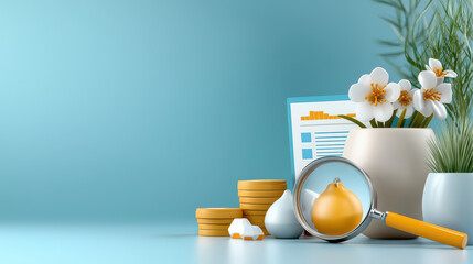 Poster - magnifying glass focuses on yellow ornament surrounded by stacked coins, paperwork, and potted plants, set against blue background