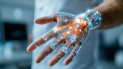 Leinwandbilder - digital representation of human hand with glowing neural connections illustrates advanced technology in artificial intelligence and robotics