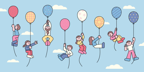 a whimsical vector illustration of children floating in the sky while holding colorful balloons. a f