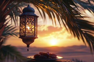 Poster - Beautiful lantern hangs from tree at sunset with dates arranged on a plate in the desert