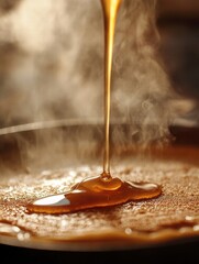 Poster - Thick caramel slowly drizzling onto a warm surface, creating a rich and inviting texture in a cozy kitchen setting. Generative AI