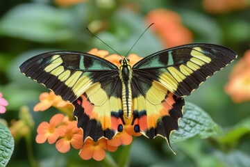 Poster - Colorful butterfly perched on vibrant flower in a serene garden during the golden hour of sunset