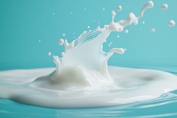 Poster - Captivating Milk Splash on Light Blue Backdrop High Speed Photography Showcasing Fluid Dynamics and Creamy Texture for Product Visualization