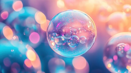 Poster - Bubbles floating in vibrant and colorful atmosphere with soft light reflections creating a dreamy effect
