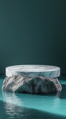 Poster - Elegant marble podium display on rock in tranquil turquoise water against a dark teal background for product showcase