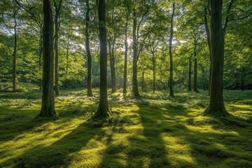 Poster - Sunlight filters through lush green trees in a serene forest setting during late afternoon, highlighting the vibrant foliage and soft ground cover