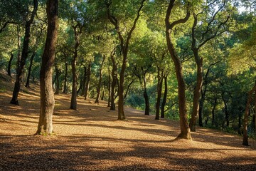 Poster - Sunlight filters through lush green trees in a serene forest setting during late afternoon, highlighting the vibrant foliage and soft ground cover