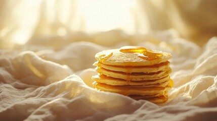 Poster - Delicious stack of warm pancakes drizzled with honey on a soft cloth in natural light. Generative AI