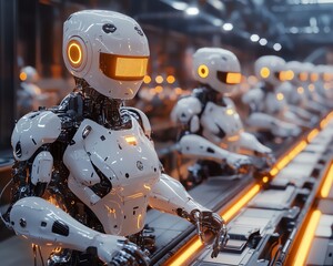 Poster - Futuristic hightech factory with robotic workers assembling gadgets