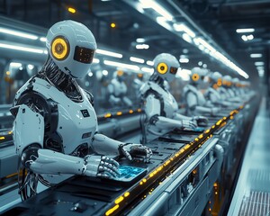 Poster - Futuristic hightech factory with robotic workers assembling gadgets