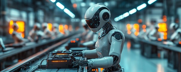 Aufkleber - Advanced factory with robotic workers assembling futuristic gadgets