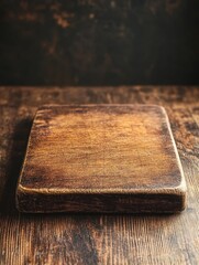 Poster - Rustic Wooden Cutting Board on Dark Wood Tabletop for Food Preparation and Culinary Presentation