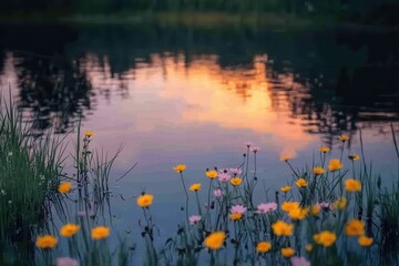 Poster - Serene sunset over a tranquil pond with colorful wildflowers blooming along the shore