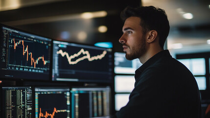 Poster - Focused trader analyzing financial stock market data charts man work screen graphs office finance