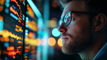 Poster - Focused man studying financial data screen at night serious analyst reviews stock market numbers