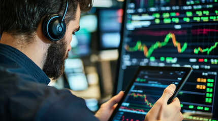 Poster - Focused broker analyzing stock market data on tablet and multiple monitors man work desk screen