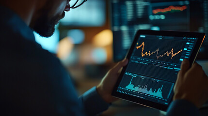 Poster - Businessman analyzing financial data on tablet screen showing stock market charts and graphs growth