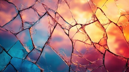 Poster - Beautiful abstract close-up of shattered ice illuminated by colorful light during sunset in a serene outdoor setting