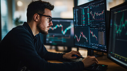 Poster - Focused young businessman analyzing financial data charts on multiple computer screens in modern office