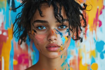 Aufkleber - Young artist with colorful paint on her face stands in front of a vibrant abstract mural in a creative studio during the day