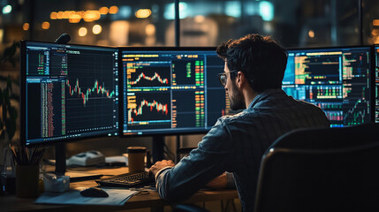 Poster - Stock market trader analyzing financial data on multiple screens at night work charts graphs office