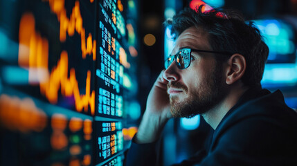 Poster - Focused businessman analyzing stock market data graphs charts growth screen future finance trading