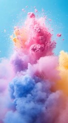 Poster - Ethereal explosion of vibrant pastel powder against a serene blue sky creating a dreamy and artistic visual masterpiece with soft light and dynamic movement