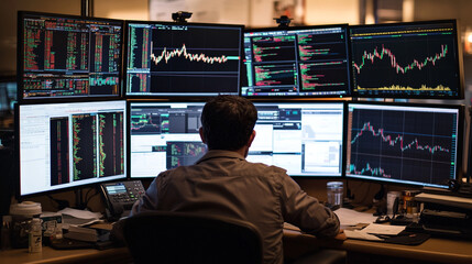 Poster - Stock market trader analyzing financial data on multiple monitors work desk charts graphs office