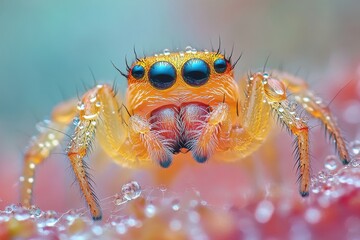 Aufkleber - Close-up view of a vibrant spider with striking eyes and dew drops in a colorful natural setting during daylight